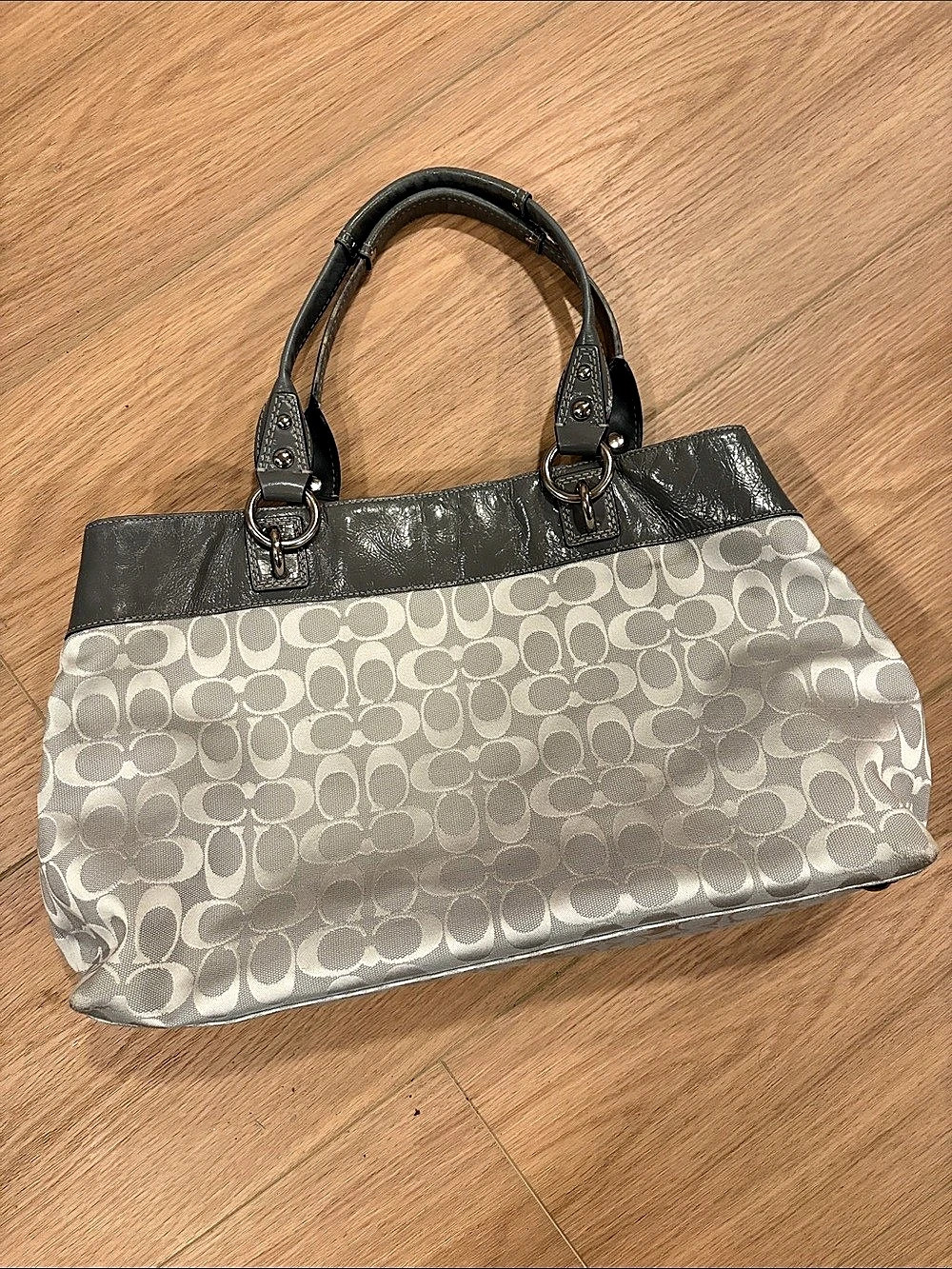 Coach Poppy Signature Sateen Glam Tote Gray Shoulder Bag